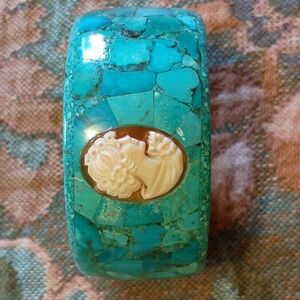 Unique Turquoise & Cameo Mosaic Bangle Bracelet